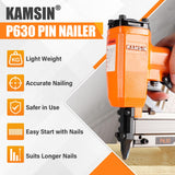 KAMSIN P630 23 Gauge Pneumatic Headless Pin Nailer Kit With 10,000PCS Pin Nails, 1/2-Inch to 1-3/16-Inch Leg Length, Air Power Micro Pinner With Safety For Furniture, Cabinets, Interior Decoration KAMSIN