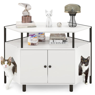 Tangkula Corner Litter Box Enclosure, Double Enclosed Litter Box Furniture with Open Shelf, 2 Entrances, Hidden Cat Washroom, Large Cat Box Cabinet for Indoor Cats (White)