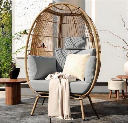 YITAHOME Egg Chair Wicker Outdoor Indoor, Oversized Lounger with 370lbs Capacity Large Egg Chairs with Stand Cushion Egg Basket Chair for Patio, Balcony, Bedroom - Grey