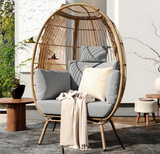 YITAHOME Egg Chair Wicker Outdoor Indoor, Oversized Lounger with 370lbs Capacity Large Egg Chairs with Stand Cushion Egg Basket Chair for Patio, Balcony, Bedroom - Grey