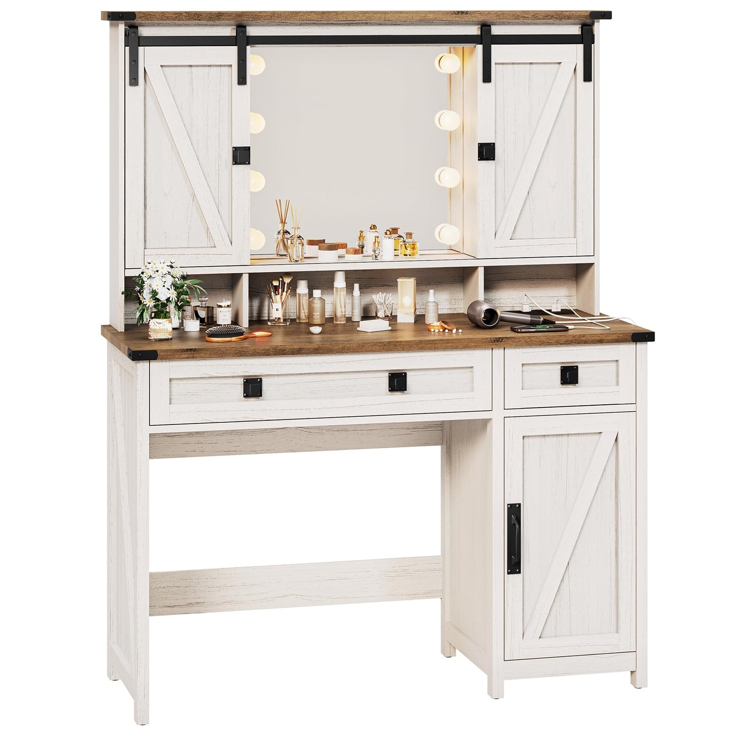 MSmask Farmhouse Vanity Desk with Lighted Mirror & Sliding Barn Doors, Makeup Vanity Table with Charging Station & Hidden Storage Shelves, Bedroom Vanity with 2 Drawers, 4 Hooks, Cabinet