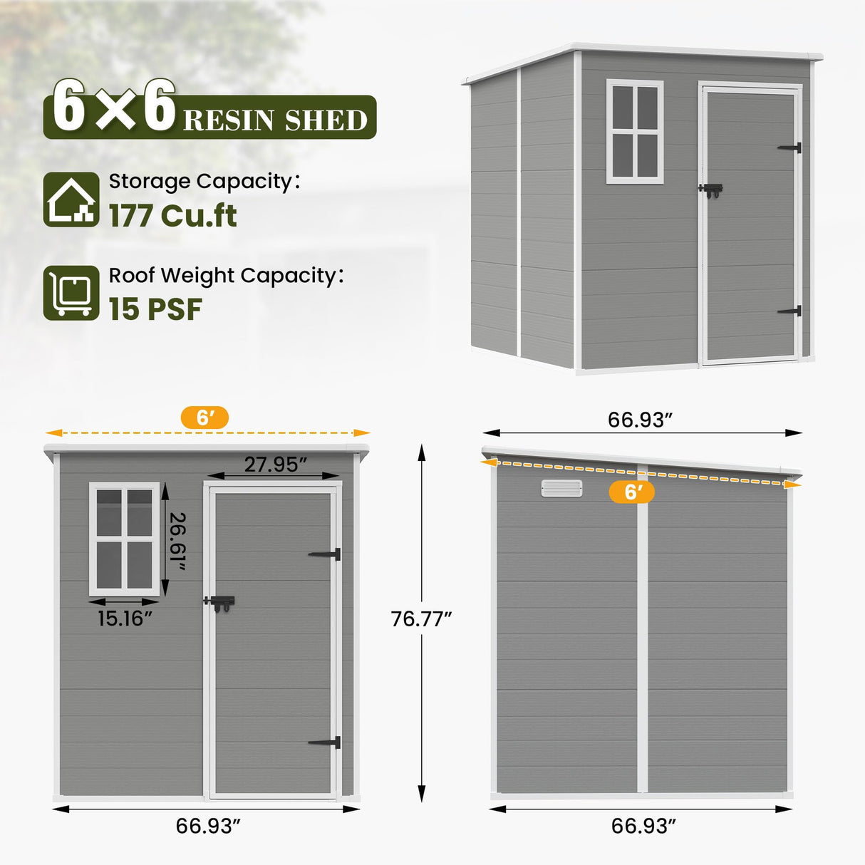 UDPATIO Outdoor Storage Shed 6 x 6 FT, Resin Garden Sheds Plastic Patio Outdoor Storage with Lockable Door for Tool, Bike, Garbage Can Gray White UDPATIO