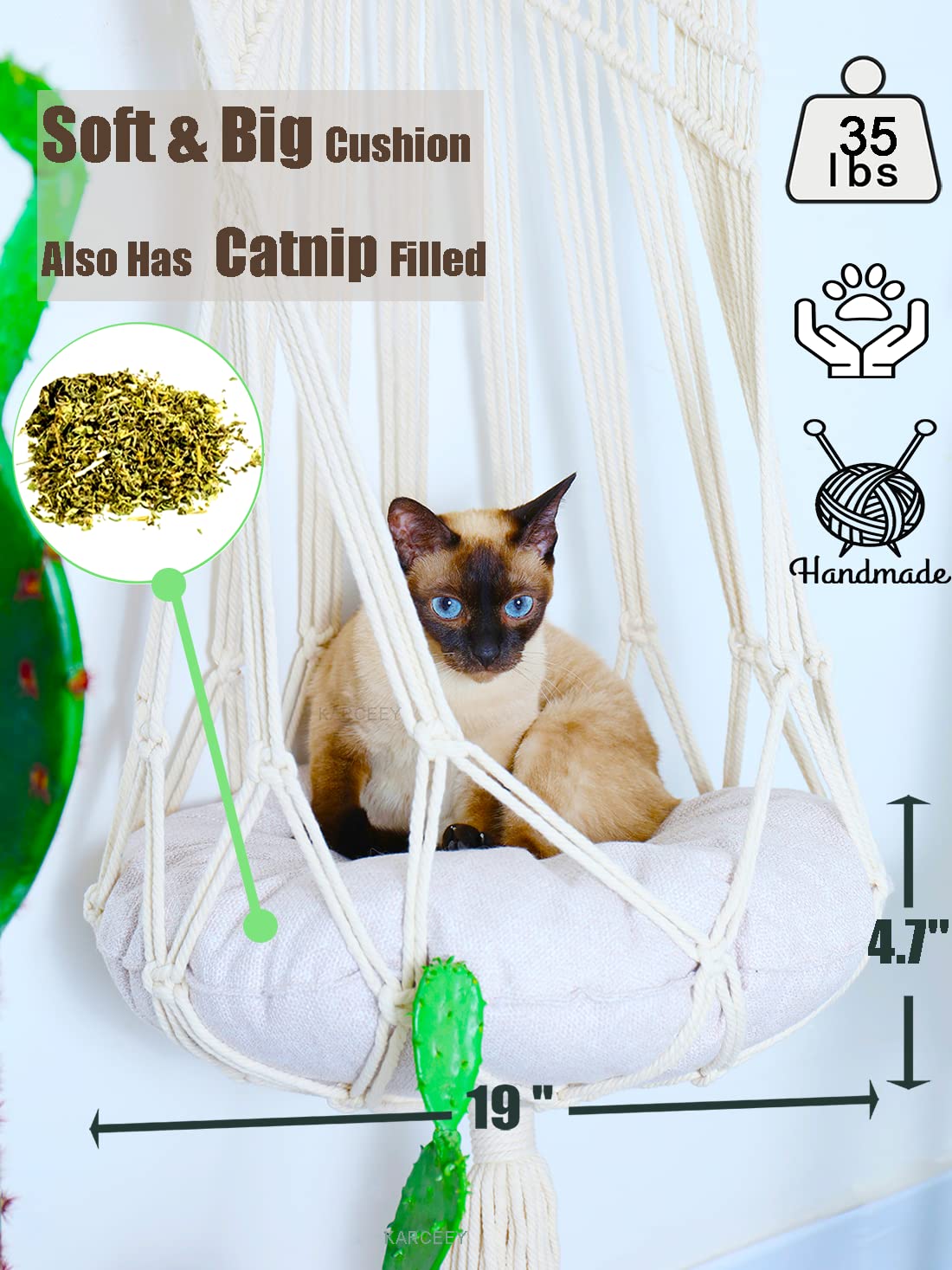 KARCEEY Macrame Cat Hammock,Macrame Hanging Cat Bed with Catnip Cushion and Hanging Kit (1.Macrame Hammock with Cat Bed) KARCEEY