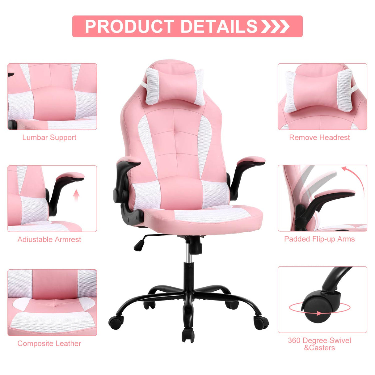 Meet perfect Pink Gaming Chair for Adults, Ergonomic Computer Chair w/Flip Up Armrest and Lumbar Support Adjustable Office Gamer Chair with 360° Swivel Seat and Headrest, 250lb Capacity Meet perfect