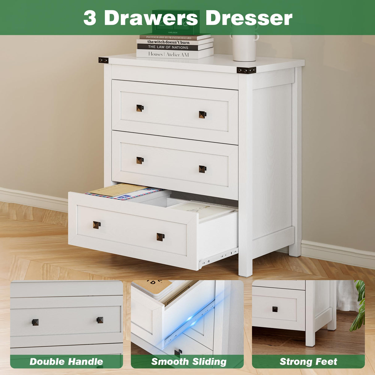 Dresser for Bedroom with 3 Drawers, Small Chests of Drawers, 27.55" Wide Farmhouse Wood Nightstand Bedside Cabinet End Table, Modern Closet Storage Organizer for Living Room, Entryway, Hallway, White Xixini