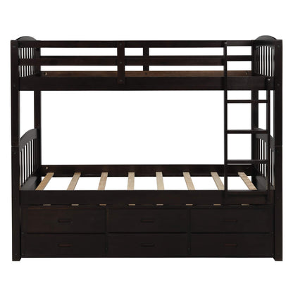 Harper & Bright Designs Twin Over Twin Bunk Bed with Ladder and Storage Drawers, Wood Bunk Bed with Safety Rail and Trundle for Kids Teens Adults, No Box Spring Required (Espresso)