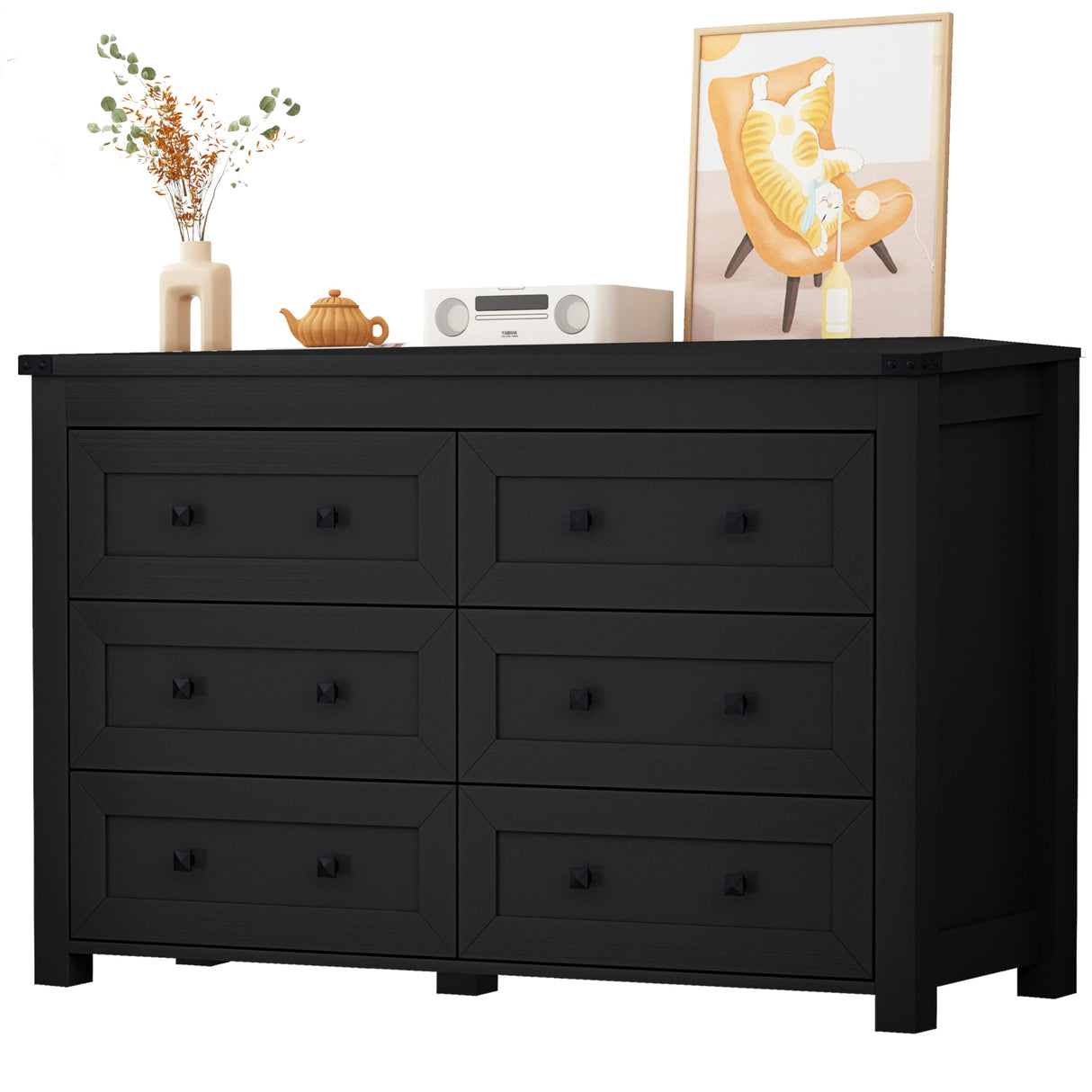 Dresser for Bedroom with 6 Drawers, Farmhouse Wood Chest of Drawers, Wide TV Stand Closet Storage Furniture with Metal Handle, Modern Clothes Organizer for Hallway, Living Room, Entryway, Black Xixini