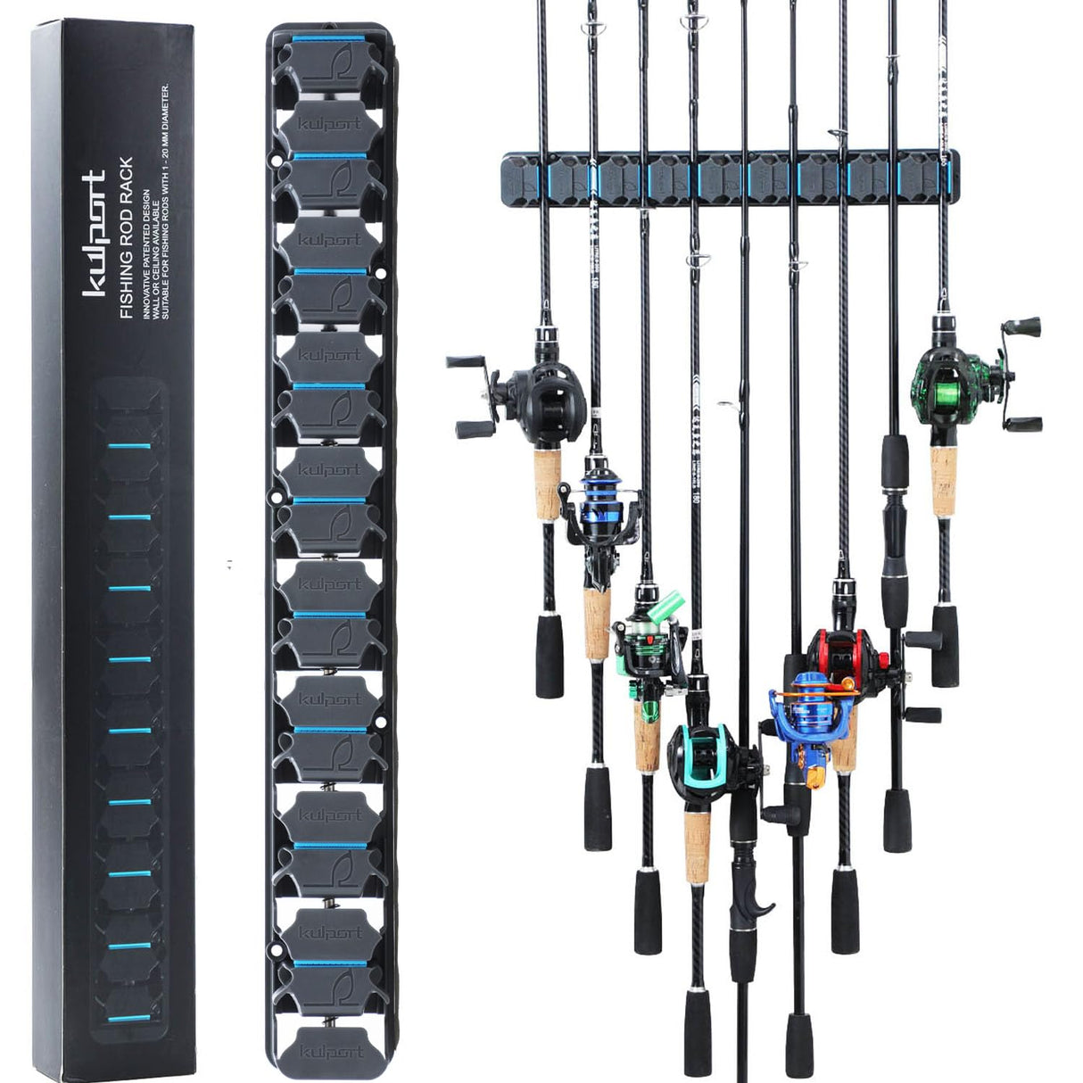 KULPORT Fishing Rod Holder, Wall-Mounted Fishing Rod Rack, Vertical Fishing Pole Holder Holds Up to 9 Rods or Combos, Fishing Rod Rack for Garage Organization System & Fits Most Rods KULPORT