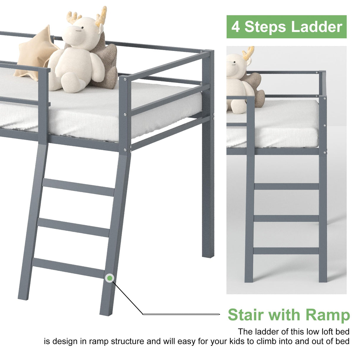 Lutown-Teen Low Metal Twin Loft Bed with Ladder and Guardrail for Kids or Teens, Space Saving Loft Bed Twin Size for Small Bedroom, Grey Lutown-Teen