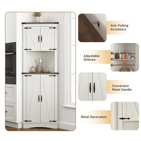 chartustriable 68" Tall Farmhouse Corner Cabinet, Corner Storage Cabinet with 4 Doors and Adjustable Shelves, Tall Barn Door Corner Cabinet with 5 Storage Shelves, for Kitchen, Bathroom, Antique White chartustriable