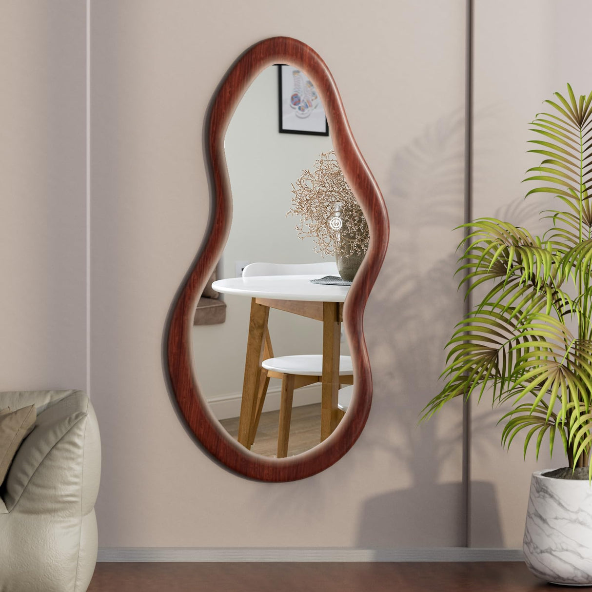 osemy 48"x 24" LED Wood Full Length Mirror with Lights Irregular Wavy Full Body Mirror Shatter-Proof Hanging/Leaning Wall Mounted Walnut Wooden Framed Mirror for Dressing Bedroom Living Room osemy