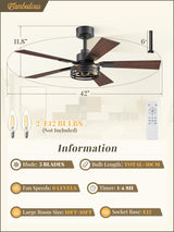 42 Inch Farmhouse Ceiling Fan with Lights 2 Pack, Rustic Black Ceiling Fans with Remote, 5 Dual Finish Blades, Quiet 6 Speed Reversible DC Motor, Caged Industrial Fan for Bedroom, Living Room, Patio Fanbulous