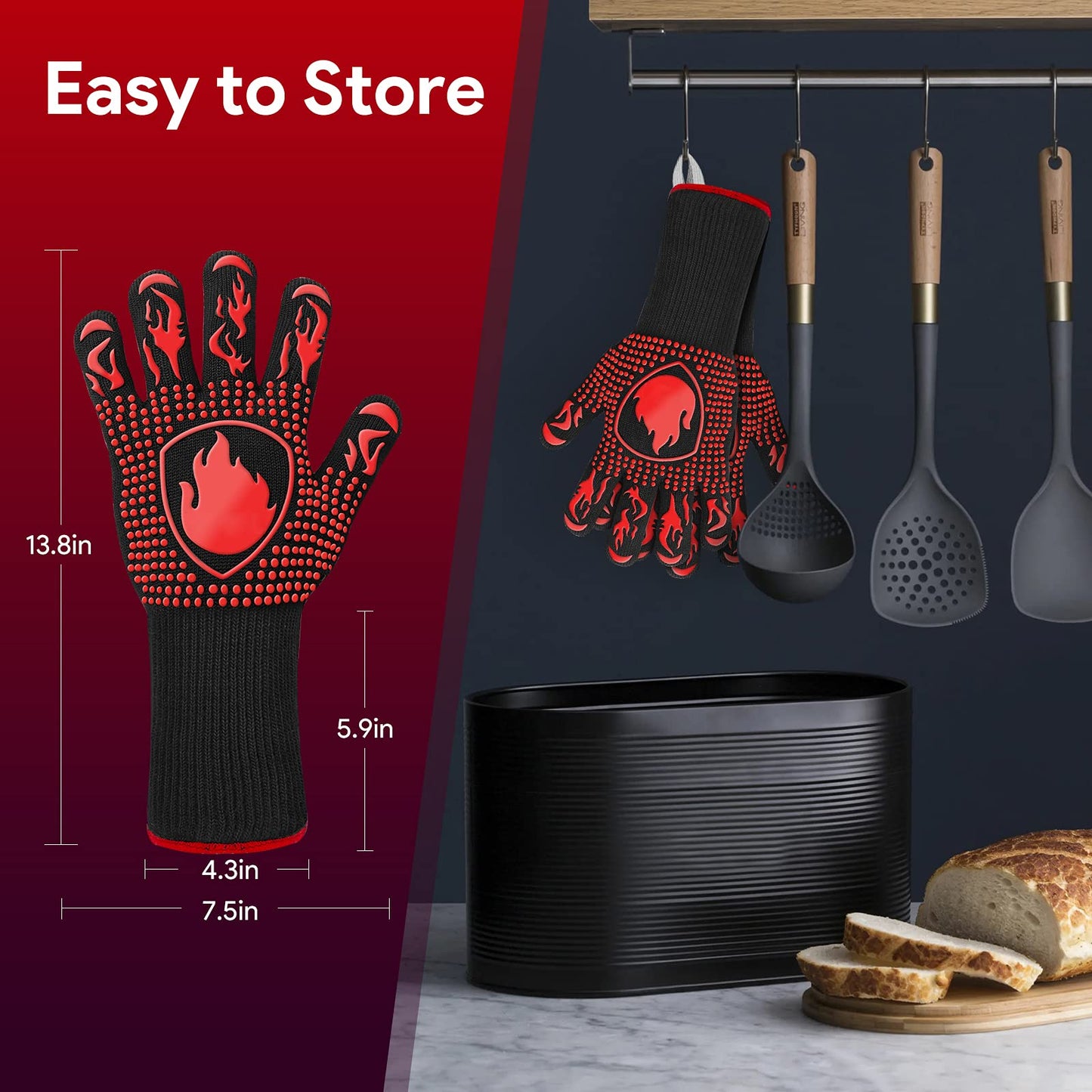 BBQ Gloves Oven Mitts Grilling- 1472℉Extreme Heat Resistant Oven Gloves, Non-Slip Silicone Cooking Gloves for Grilling, Barbecue, Baking, Welding, A Pair Red