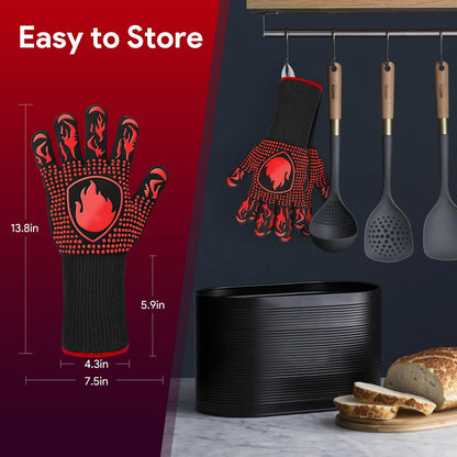 BBQ Gloves Oven Mitts Grilling- 1472℉Extreme Heat Resistant Oven Gloves, Non-Slip Silicone Cooking Gloves for Grilling, Barbecue, Baking, Welding, A Pair Red