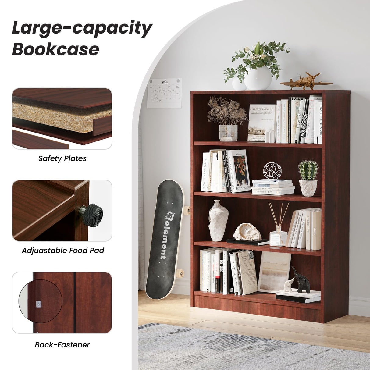 i-VTIES Bookcase Adjustable Storage Shelves,48-Inch Bookshelf,4-Tier Modern Wood Bookcase for Bedroom, Office, Living Room & Library(Cherry) i-VTIES