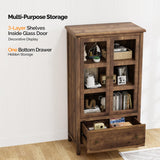 VINGLI Storage Cabinet with Glass Doors and Drawer, Glass Display Cabinet Display Case, Rustic Storage Cabinet with Doors and Shelves, Showcase Display Cabinet w/Cedar Finish & Solid Wood Leg,Walnut VINGLI