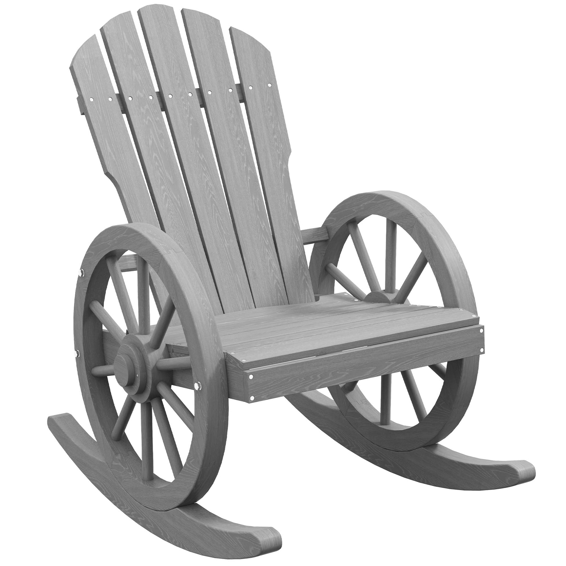 Outsunny Wooden Rocking Chair, Adirondack Rocker Chair w/Slatted Design and Oversized Back, Outdoor Rocking Chair with Wagon Wheel Armrest for Porch, Poolside, and Garden, Gray - WoodArtSupply