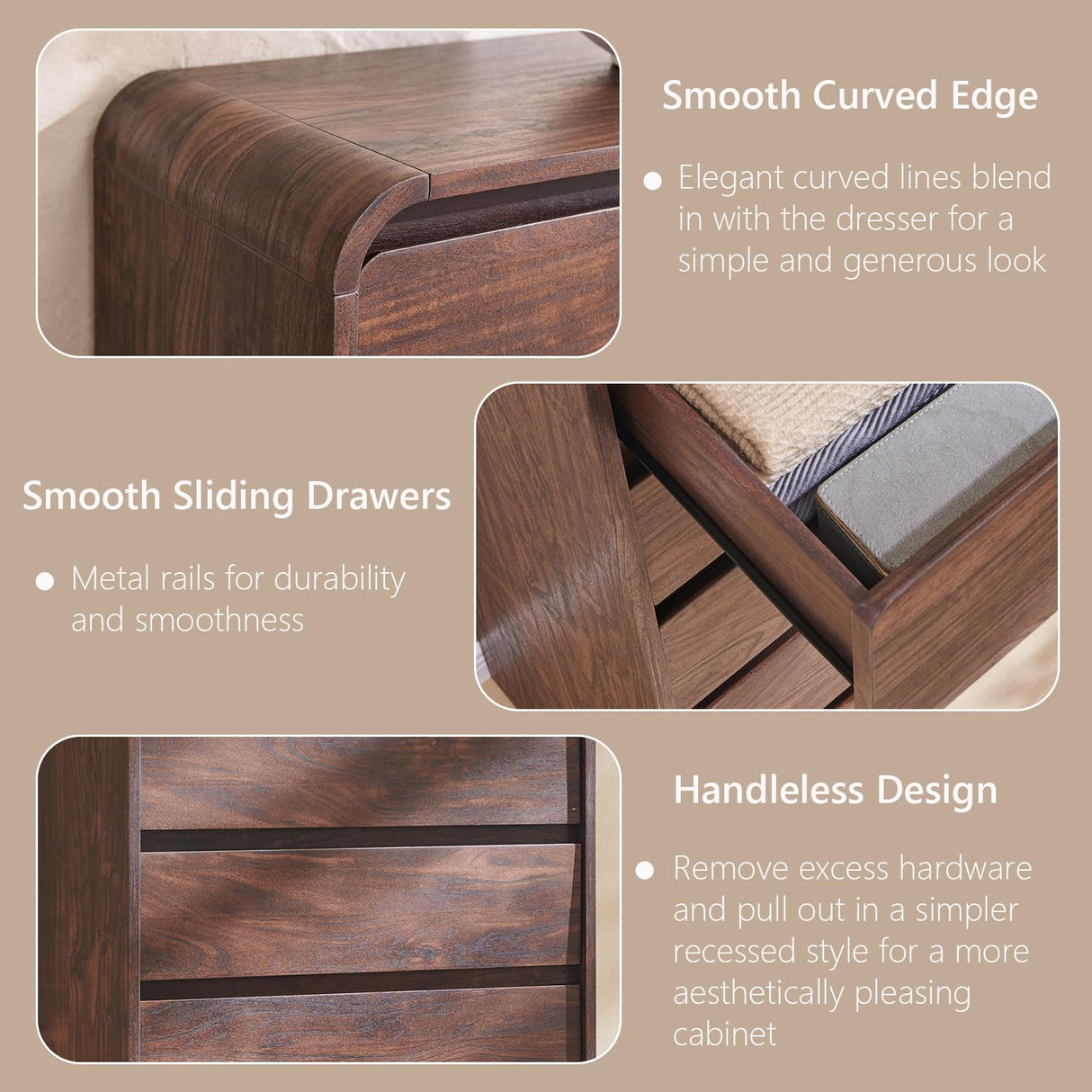 Aitjunz Modern 5 Drawers Dresser for Bedroom, 45" Tall Dressers & Chests of Drawers w/Curved Profile Design, Wood Mid Century Vertical Dresser w/Natural Texture for Bedroom, Living Room, Brown Aitjunz