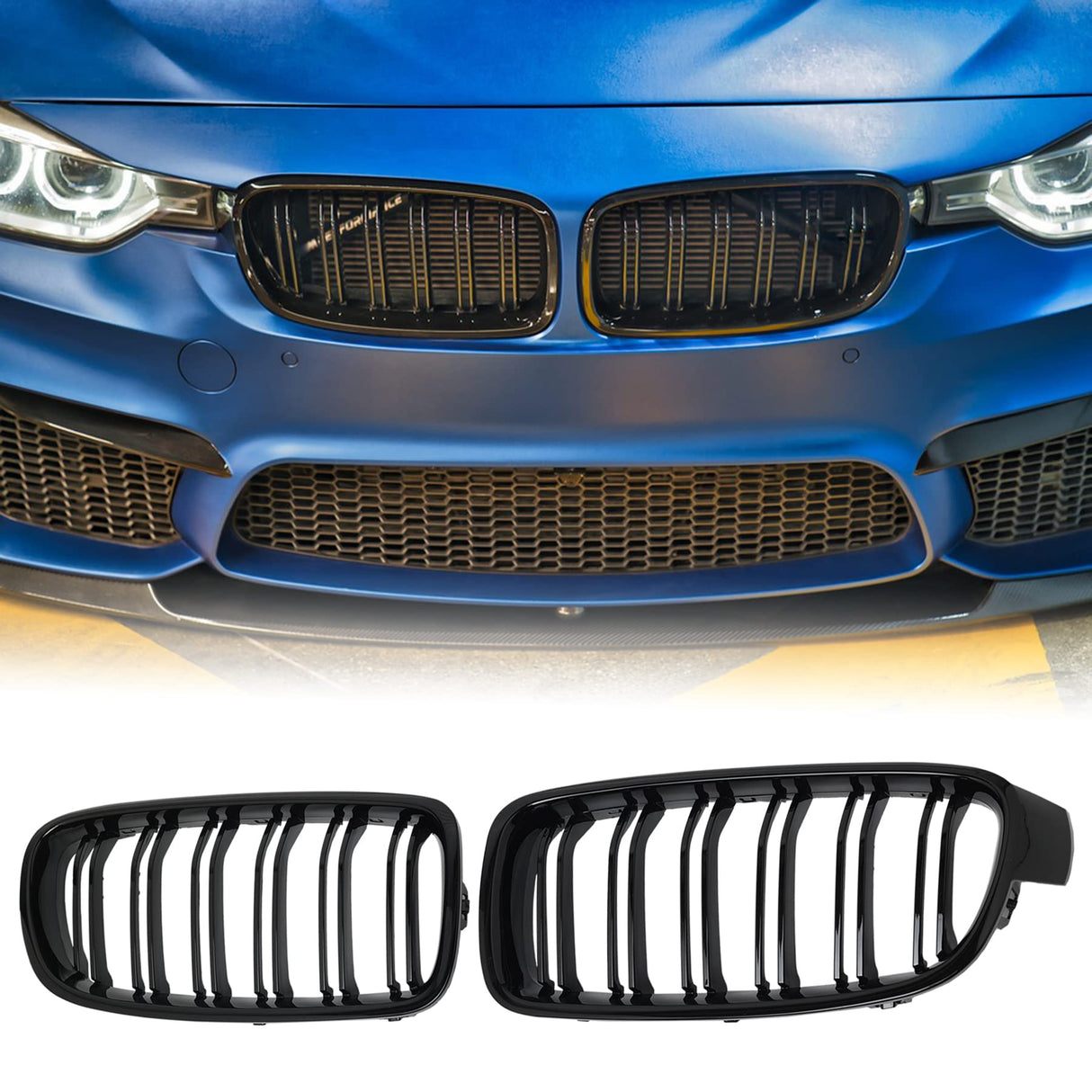 BILLDIO F30 Grille - Front Kidney Grille Double Slats Glossy Black Compatible with 2012-2018 BMW 3 series F30 F31 320i 328i 328d 330e 330i 335i 340i 328i,BMW F30 Black Kidney Grille BILLDIO