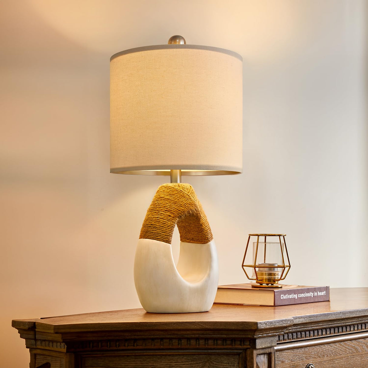 OYEARS 19” Boho Table Lamps Bedroom Living Room,Suitable for Small Space,Farmhouse Rattan Lamp Rustic Egg Design Resin Nightstand Bedside Lamps for Bedroom Living Room Office Study Rest Decor OYEARS