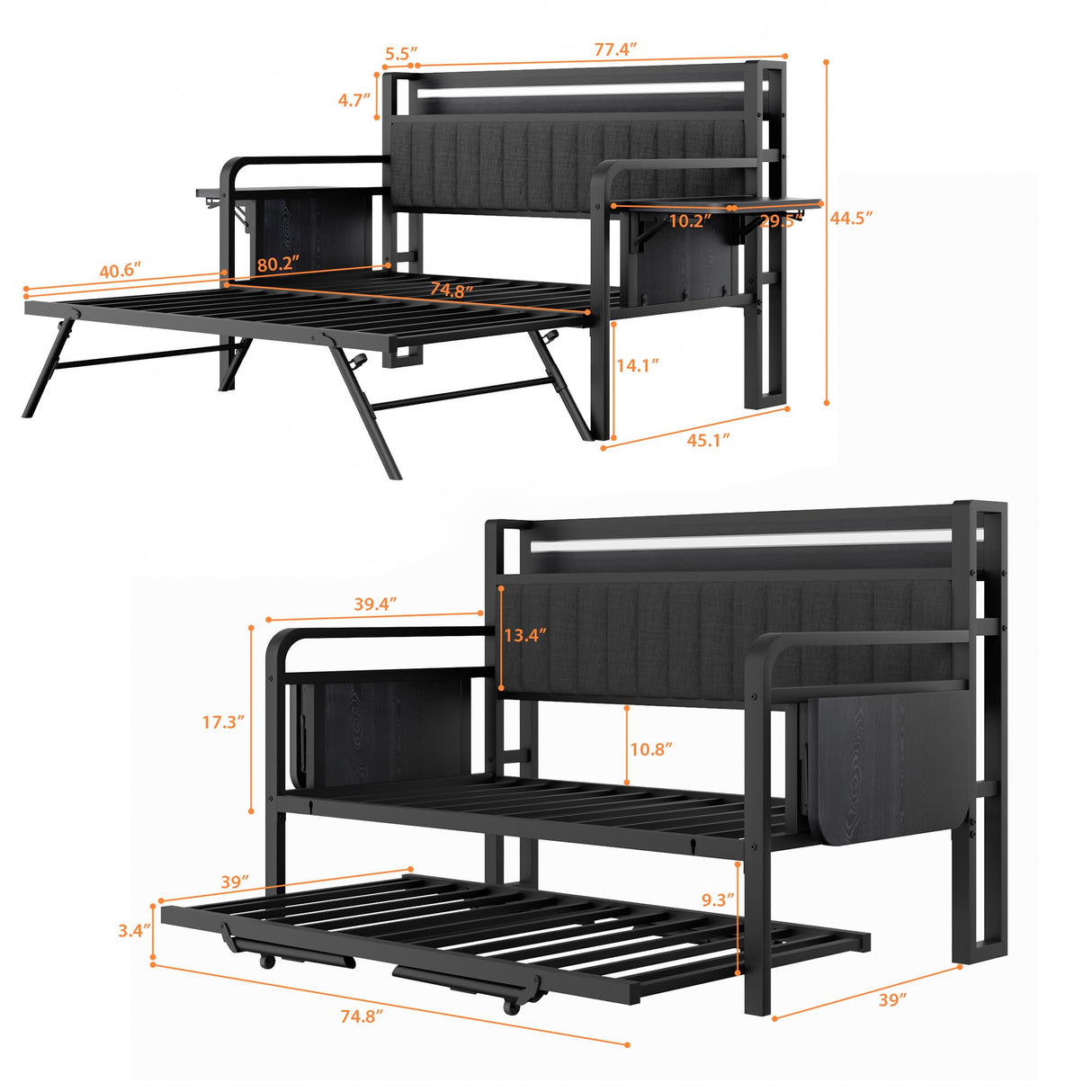 Daybed with Trundle and LED Light, Heavy Duty Metal Twin Bed Frame with Upholstered Storage Headboard & Charging Station, Day Bed Pop Up Trundle Bed Twin for Living Room,Bedroom and Guest Room (Black) Jocoevol