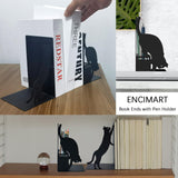 Gift for Dad, Cat Book Ends for Shelves, Decorative Book Ends with Pen Holder, Fun Unique Bookends, Cool Black Cat Bookends, Home Office Desk Bookshelf Decor, for Dad and Lover ENCIMART