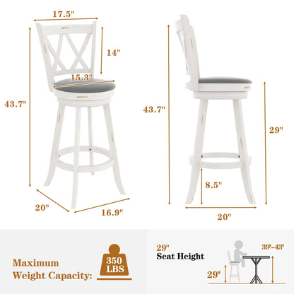 Betterhood 29" Bar Height Swivel Stools - High Back Swivel Barstools with Upholstered Seat & Solid Wood Footrest, Counter Bar Chairs for Kitchen Island & Pub (White, Set of 2) - WoodArtSupply