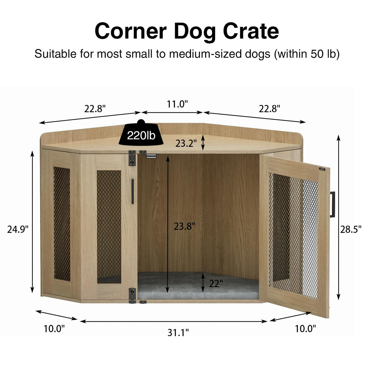 Corner Dog Crate Furniture - Dog Crate Cage for Small Medium Dogs, Wooden Indoor Aesthetic Puppy Kennel TV Stand, Modern Decorative Pet House Dog Cage, Light Oak Giluta