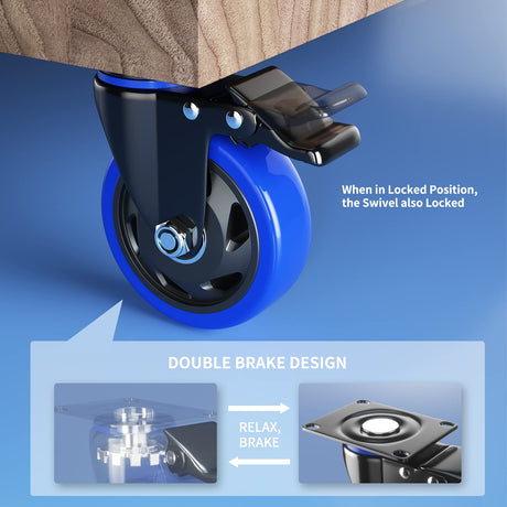 6 Inch Swivel Caster Wheels, Casters Set of 4 Heavy Duty with Brakes, Plate Casters No Noise Locking Castor with Polyurethane Wheels for Cart, Furniture,Workbench,Cabinet(Two Hardware Kits Include) WOZESEIK