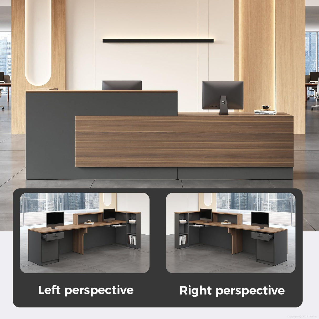 Anzhap L-Shaped Reception Desk with Counter, Modern Front Desk Checkout Counter with Drawer, Storage Cabinet, Keyboard Tray for Office, Salon, Lobby (Walnut + Iron Gray/Right, 94" L*24" W*41" H) Anzhap