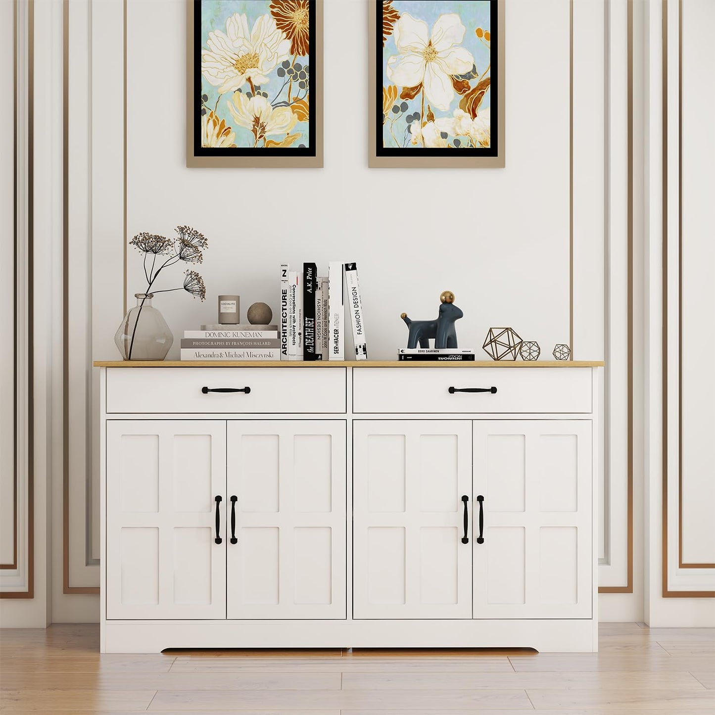 Sideboard Buffet Cabinet with Storage, 55" Large Kitchen Storage Cabinet with 2 Drawers and 4 Doors, Wood Coffee Bar Cabinet Buffet Table Console Cabinet for Kitchen Dining Room, White