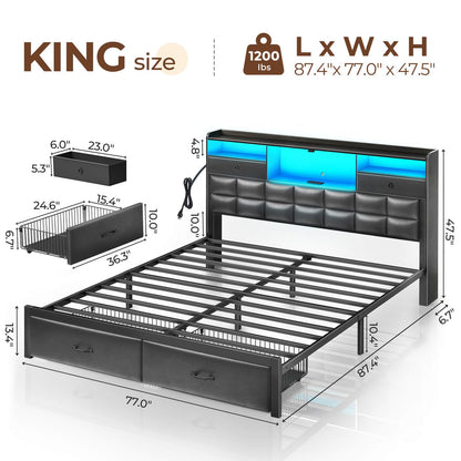 Rolanstar Bed Frame King Size with Drawers and Charging Station, Upholstered Platform Bed with Storage Headboard and LED Light, Heavy Duty Metal Frame Support, No Box Spring Needed, Noise Free, Black