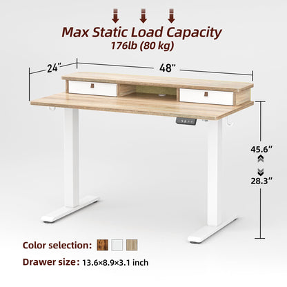 TIQLAB 48 * 24 Inch Standing Desk with Two Drawers, Stand Up Standing Desk Adjustable Height, Electric Sit Stand Desk with Storage Shelf and Splice Board, Maple