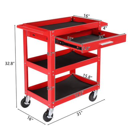 TUFFIOM 3 Tier Rolling Tool Cart, 330 LBS Capacity Industrial Service Cart, Heavy Duty Steel Utility Cart, Tool Organizer with Drawer, Perfect for Garage, Warehouse & Repair Shop (Red) - WoodArtSupply