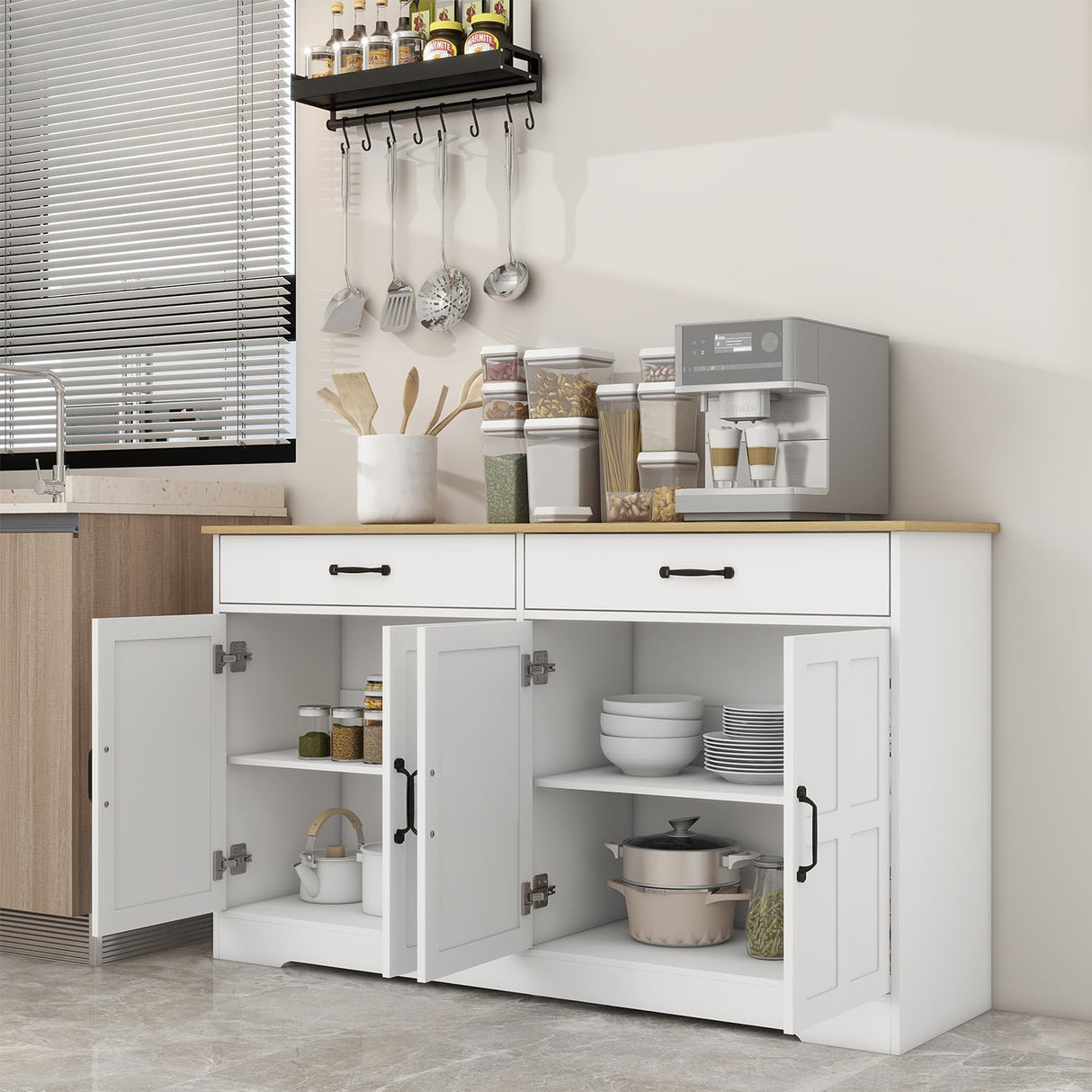 Sideboard Buffet Cabinet with Storage, 55" Large Kitchen Storage Cabinet with 2 Drawers and 4 Doors, Wood Coffee Bar Cabinet Buffet Table Console Cabinet for Kitchen Dining Room, White Locsear
