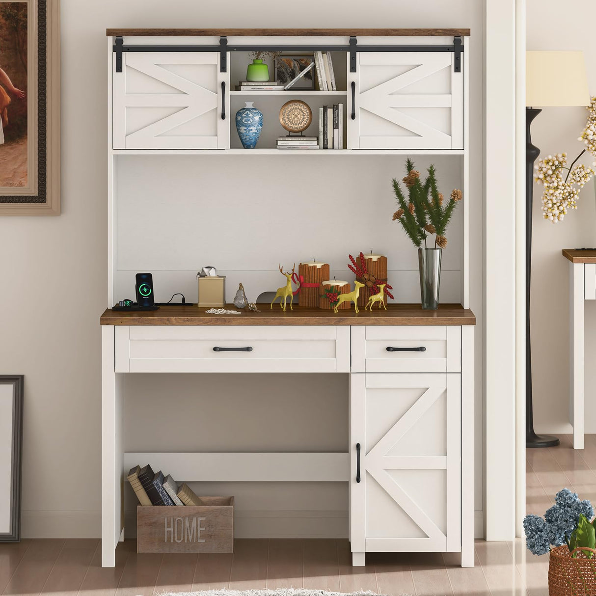 Farmhouse 47" Executive Desk, Computer Desk with Drawers and Storage Cabinet, Workstation Computer Desk with Hutch for Home Office Halitaa