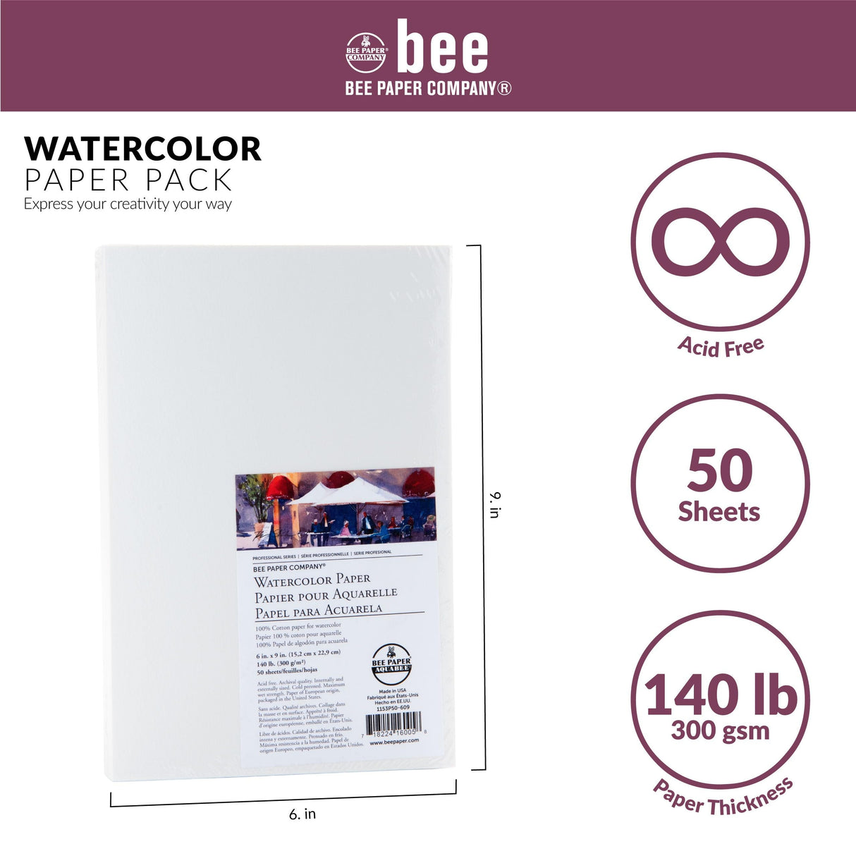 Bee Paper 6" x 9" Watercolor Paper Pack, 140lb, 50 Sheets Bee Paper Company
