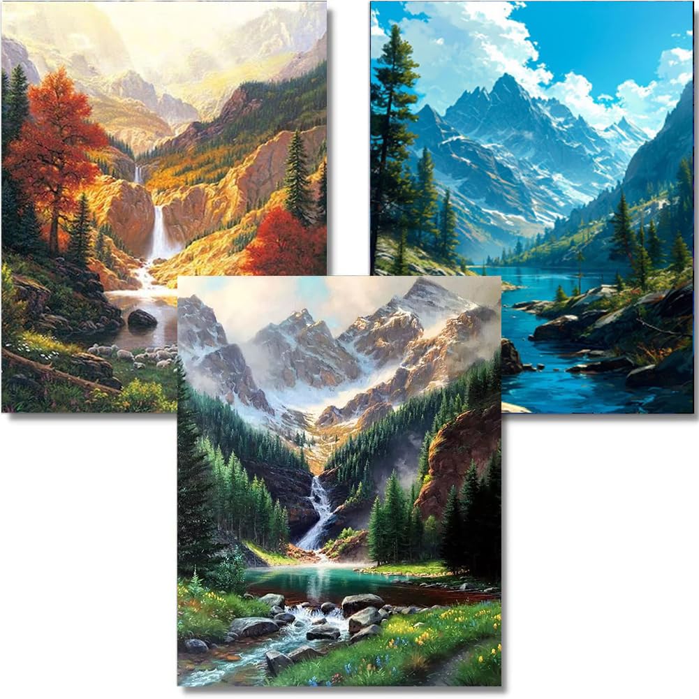 OFRKE Diamond Painting Kits for Adults,3 Pack Mountains Waterfall Diamond Art for Beginners, Diamond Round 5D Full Drill Paint with Diamonds Pictures Gem Art Painting Kits DIY Crafts Kits 12x16inch OFRKE