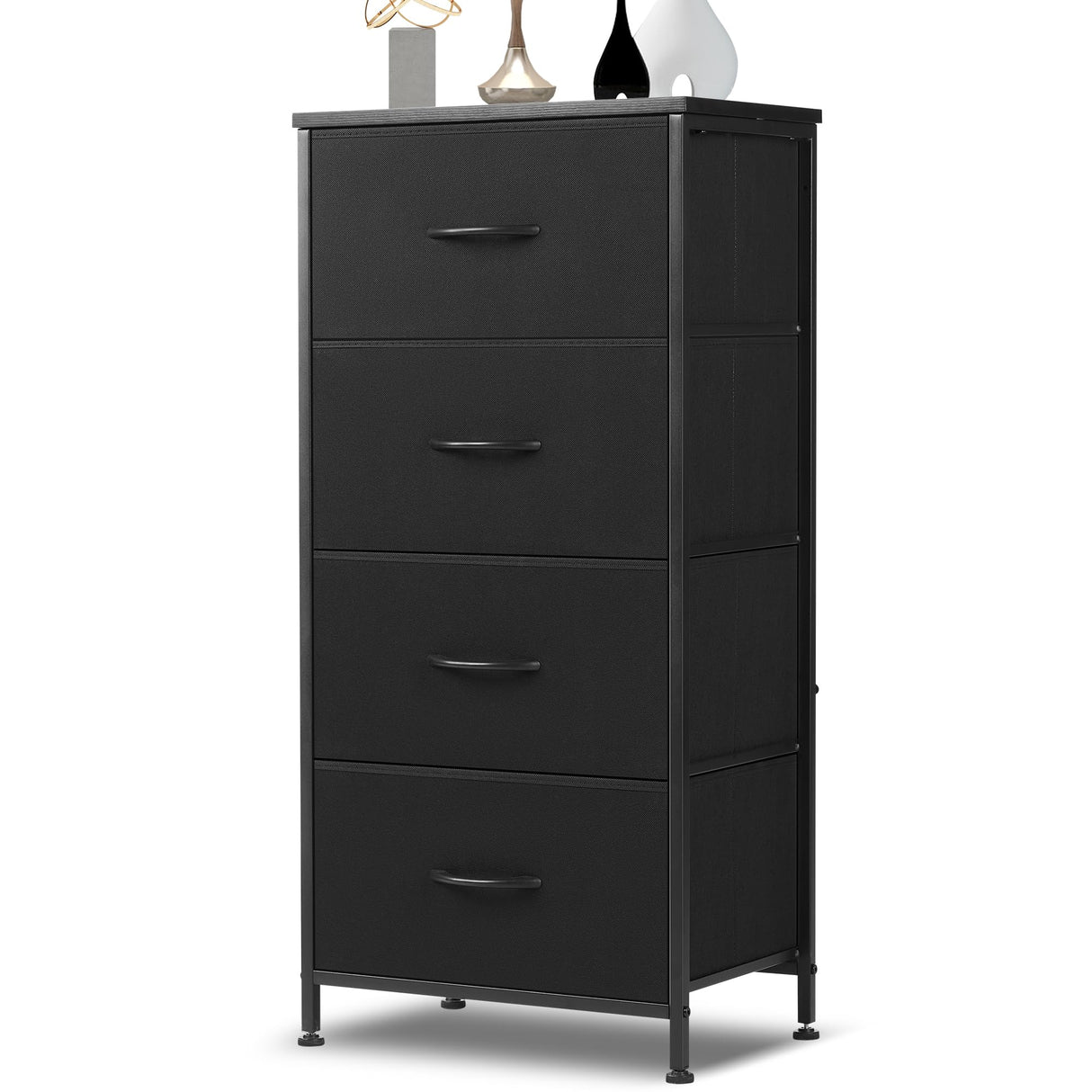 DUMOS Dresser for Bedroom 4 Storage, Tall Fabric Closet Chests Organizer Tower Furniture with Wooden Top Metal Frame for Clothes, Kids, Living Room, Hallway, Entryway, 4-Drawer, Black DUMOS