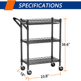 3 Tier Heavy Duty Rolling Utility Cart,18" D x 23.8" W x 36.6" H Rolling Carts with Wheels,Commercial Grade Metal Cart with Handle Bar & Shelf Liner,Trolley Serving Storage Cart for Kitchen Black REGILLER