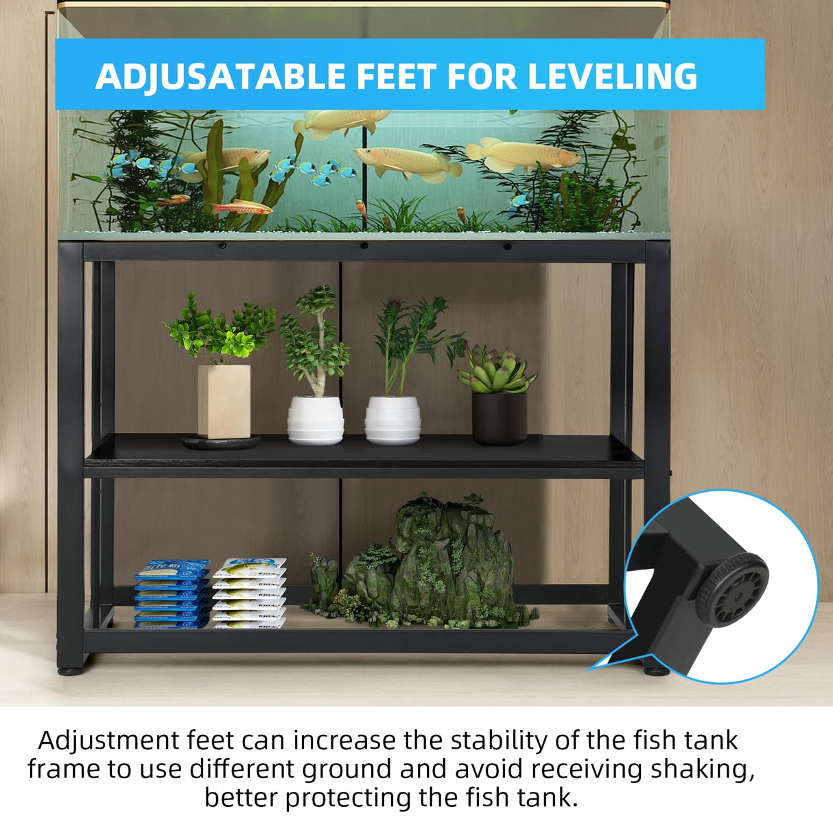 VOWNER 55-75 Gallon Fish Tank Stand - Metal Aquarium Stand, 48.4" x 14.9" x 29.5" Heavy Duty Reptile Tank Stand, Adjustable 2-Tier Fish Tank Rack Shelf for Home Office, Tank not Included, Black VOWNER
