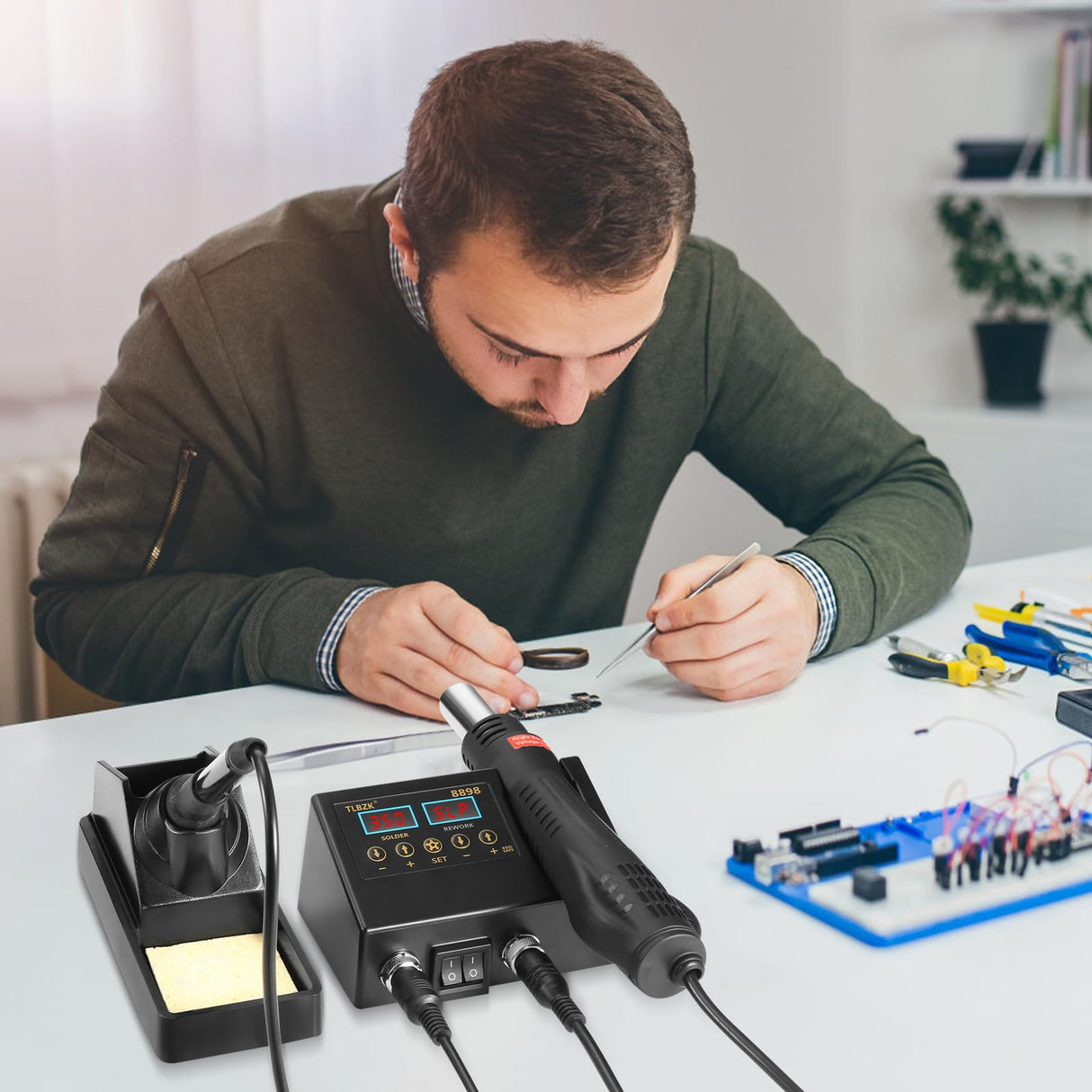 TLBZK Rework Soldering Station, 2 in 1 SMD Hot Air Solder Station and Soldering Iron Kit Heat Gun with Soldering Tips, Hot Air Nozzles, Tweezers TLBZK