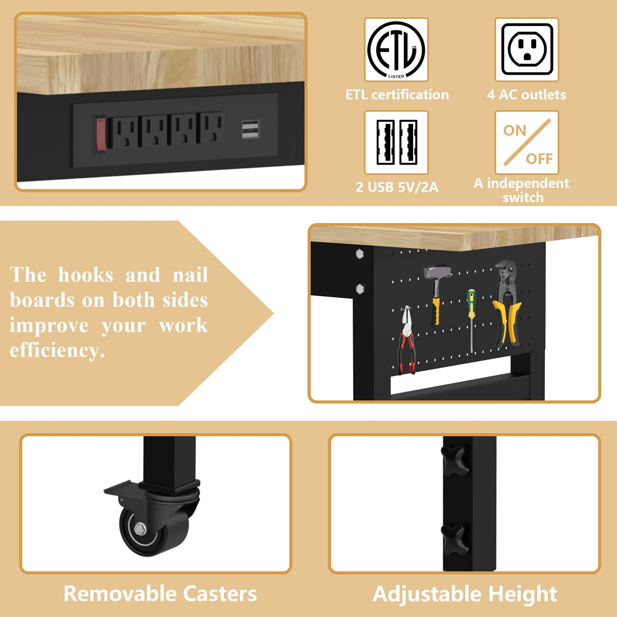 60" Adjustable Workbench，Multifunctional Rolling Heavy Duty Workbench with Wheels，Suitable for Large Capacity Rubberwood Countertop Workbench for Garage, Office, Workshop IBXFO