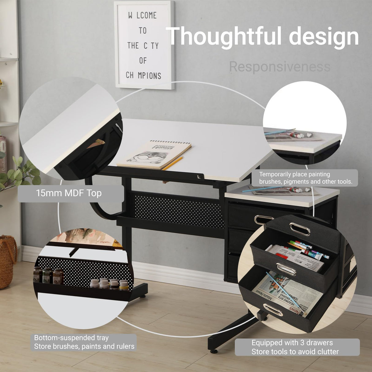 Art Table for Adults,Drafting Table, Adjustable Professional Art Drawing Table, Drawing Table with Stool and Tilting Tabletop, 3 Storage Drawers Craft Desk for Reading, Drawing, Office Use (Black) Doeqkue