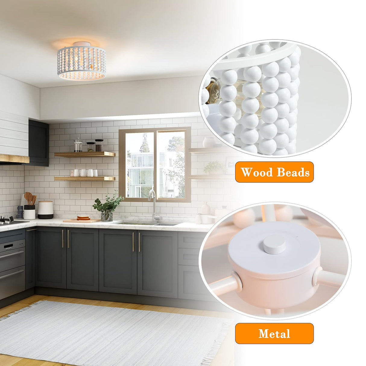 tewei Wood Bead Chandelier, Semi Flush Mount Boho Nursery Ceiling Light Fixture Rustic 3 Lights Chandelier Farmhouse E26 for Kitchen Bedroom Living Dining Room White tewei