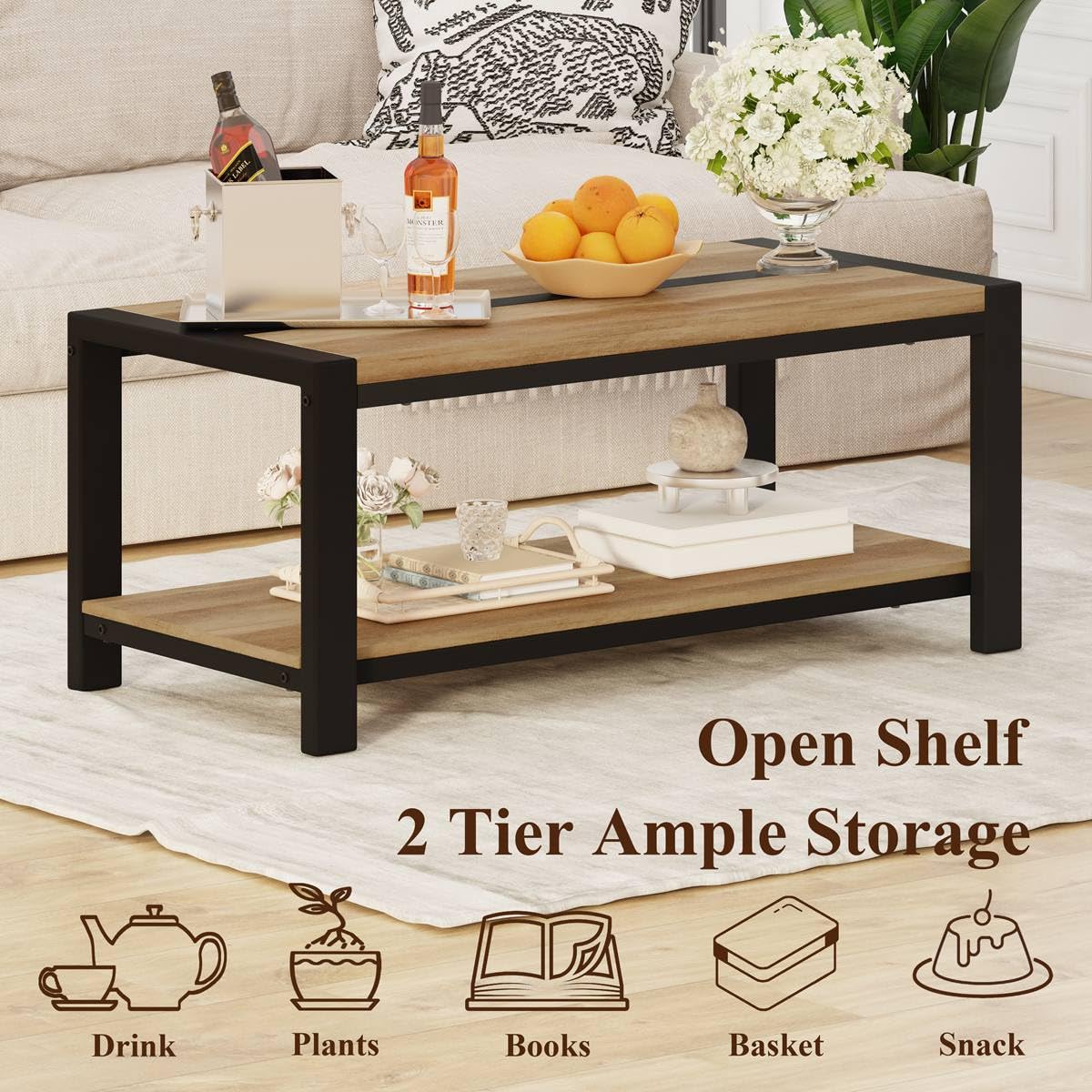 BON AUGURE Industrial Coffee Table, Wood Metal Coffee Tables for Living Room, Farmhouse Rectangle Center Tables, Modern Living Room Table (Vintage Oak, 43 Inch) BON AUGURE