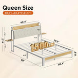 WLIVE Queen Size Upholstered Bed Frame with 2 Side Shelves, Linen Tufted Storage Headboard with Charging Ports and LED Light, Metal Solid and Stable, No Box Spring Needed, Easy Assembly, Beige WLIVE