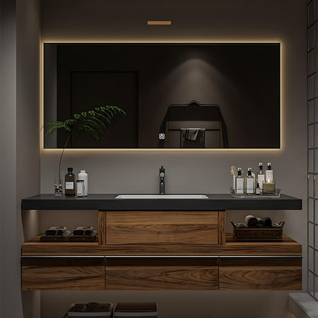 Bathroom Vanity with Sink - Modern Single Sink Bathroom Vanity, Wall Mounted Solid Wood Bathroom Sink Cabinet, Elegant Floating Vanity with Ample Storage and LED Anti-Fog Mirror (Square Mirror, 36") ZGNBSD
