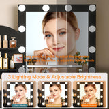 Quimoo Vanity Desk with Mirror and 10 LED Lights, Makeup Vanity with Charging Station and 4 Drawers Chest & Shelves, Vanity Set, Vanity Table with Cushioned Stool, for Bedroom, Black Quimoo