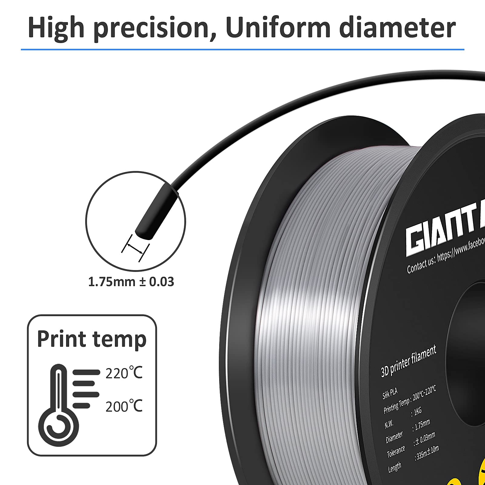 GIANTARM Silk Metallic Silver PLA 3D Printer Filament 1kg Spool, 1.75mm Dimensional Accuracy +/-0.03mm, 1080 Feet per Roll, Vacuum Packaging - WoodArtSupply